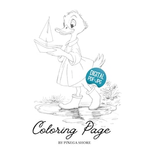 May include: Line art coloring page featuring a duckling wearing a dress and boots, holding a sailboat. The text "Coloring Page" and "BY PINEGA SHORE" are below the illustration. A digital PDF+JPG badge is on the right.