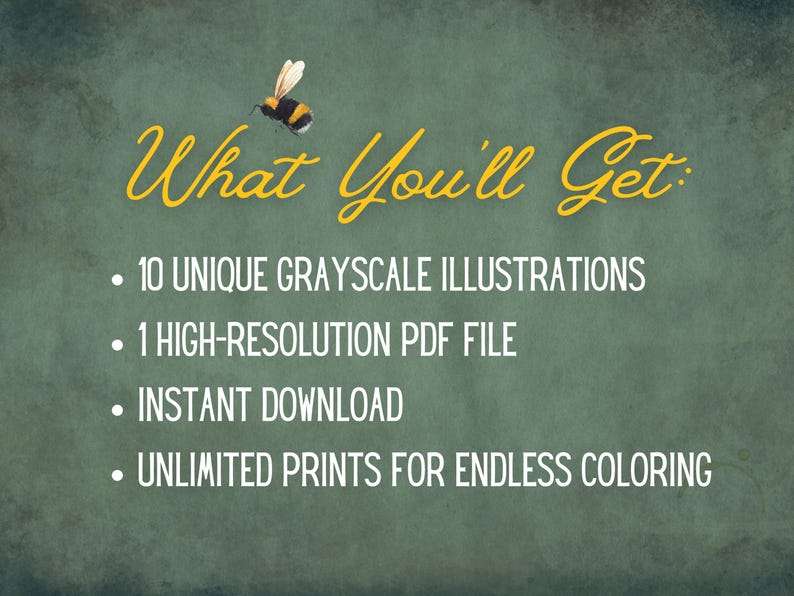 May include: A digital art graphic on a green background with the text "What You'll Get" in yellow script, along with bullet points listing 10 grayscale illustrations, a high-resolution PDF file, instant download, and unlimited prints.