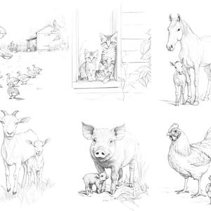 A preview of the full set, featuring six intricately hand-drawn farm animals illustrations, including a pig, hen, horse, goat, and more.