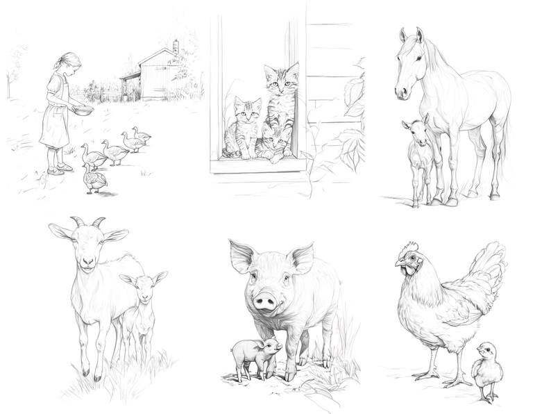 A preview of the full set, featuring six intricately hand-drawn farm animals illustrations, including a pig, hen, horse, goat, and more.