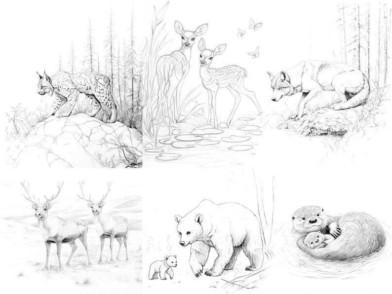 Set of pencil illustrations depicting different wildlife animals including a lynx, deer, wolf, reindeer, bear, and otter in natural settings.