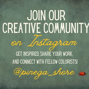 May include: Text on a teal background reads "JOIN OUR CREATIVE COMMUNITY on Instagram." It encourages viewers to "GET INSPIRED, SHARE YOUR WORK, AND CONNECT WITH FELLOW COLORISTS!" The Instagram handle is @pinega_shore.