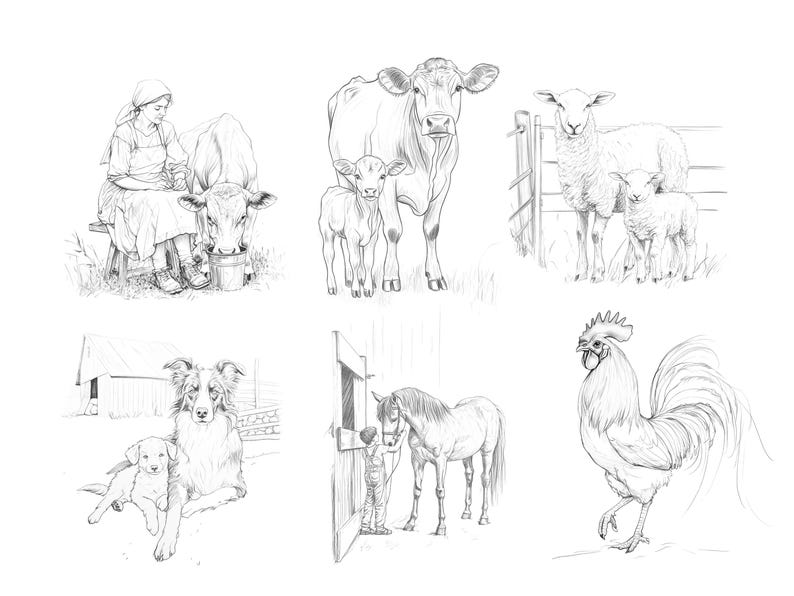 A preview of the full set, featuring six intricately hand-drawn farm animals illustrations, including a cock, sheep, cow, dog, and more.