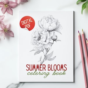 Cover of Summer Blooms coloring book featuring an uncolored hand-drawn peony illustration | Printable botanical floral coloring page for adults | Grayscale flower sketch for watercolor or colored pencils