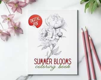 Floral Coloring Book | Summer Blooms Botanical Sketches (Digital Download PDF)