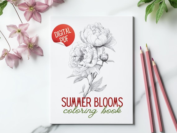 Floral Coloring Book | Summer Blooms Botanical Sketches (Digital Download PDF)