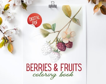Berries and Fruits Coloring Book: 8 Botanical Sketches (PDF Digital Download)