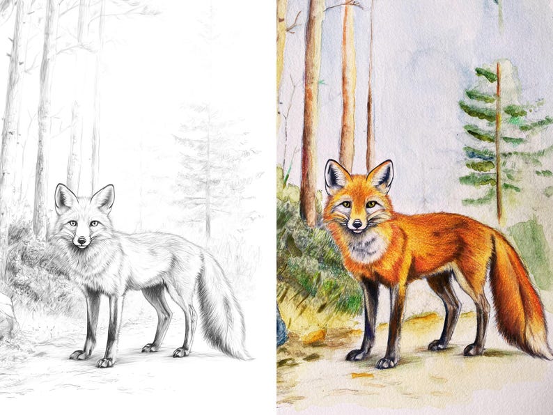 Split image of a red fox in a forest setting; left side shows a pencil sketch, and right side shows the same image colored with watercolors and pencils.