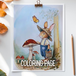 Cute Fall Coloring Page | Autumn Bunny with Giant Mushrooms | Cozy Woodland Printable | Autumn Coloring Book for Kids & Adults