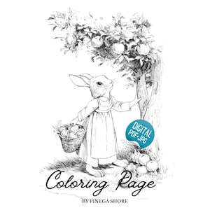 May include: Black and white illustration of a rabbit in a dress, holding a basket of apples under an apple tree. The image is labeled "Coloring Page" and "Digital PDF+JPG".