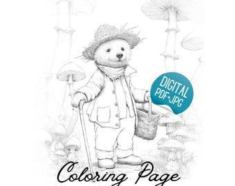 Autumn Bear Coloring Page: Retro Woodland Animal with Mushrooms  (PDF & JPG Download)