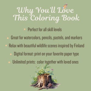 Slide titled Why You'll Love This Coloring Book with points emphasizing features like suitability for all skill levels, compatibility with various art materials, and unlimited print options.