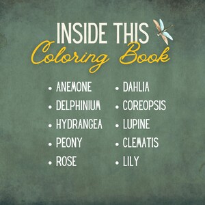 May include: A teal-colored background features the text "INSIDE THIS Coloring Book" in white and yellow script. Below, a list of flowers: Anemone, Dahlia, Delphinium, Coreopsis, Hydrangea, Lupine, Peony, Clematis, Rose, and Lily.