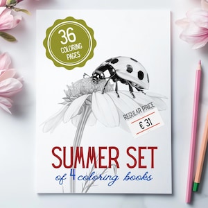 May include: A white coloring book set with a ladybug illustration on a flower. The set includes 36 coloring pages and is titled "Summer Set of 4 coloring books". Pink and peach colored pencils are next to the book.