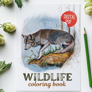 Cover of Wildlife Coloring Book featuring a colored wolf illustration, surrounded by green foliage and drawing pencils.