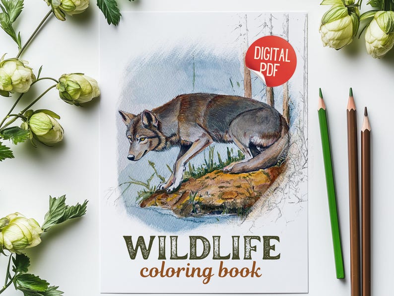 Cover of Wildlife Coloring Book featuring a colored wolf illustration, surrounded by green foliage and drawing pencils.