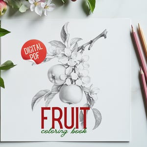 The cover of the Fruit Adult Coloring Book, showcasing a detailed drawing of a apple branch with leaves, designed for adults.