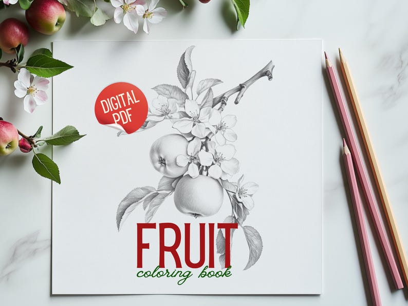 The cover of the Fruit Adult Coloring Book, showcasing a detailed drawing of a apple branch with leaves, designed for adults.
