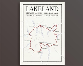 Trasa wyścigu Lakeland 100 – wydruk artystyczny: styl retro, historyczny, vintage