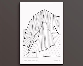El Capitan Yosemite Print: Monochromatyczna grafika liniowa, prezent dla wspinacza