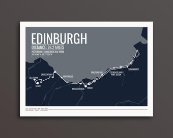 Wydruk maratonu w Edynburgu: minimalistyczna mapa szkockiej trasy, prezent dla biegacza