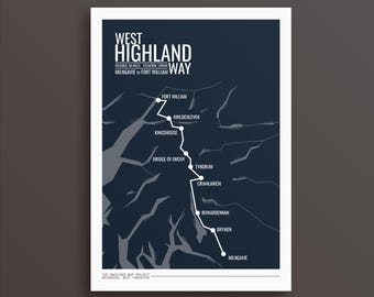 Mapa West Highland Way wydruk artystyczny: Minimalistyczna trasa spacerowa, spersonalizowany prezent