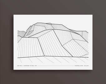 Grafika liniowa Ben Nevis: Szczyt górski w Szkocji, monochromatyczna