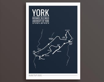 Spersonalizowany wydruk artystyczny Yorkshire Marathon: Minimalistyczna trasa biegu York Marathon, prezent dla biegaczy
