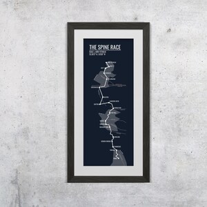 De wervelkolomrace. Een minimalistische interpretatie van The Spine Race-kaart met gedurfde kleuren en strakke lijnen.