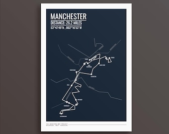 Wydruk z Maratonu w Manchesterze: Minimalistyczna mapa trasy, prezent dla biegaczy