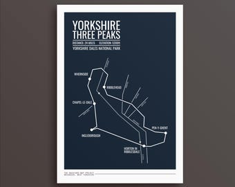 Mapa Yorkshire Three Peaks Challenge – wydruk artystyczny: minimalistyczna trasa spacerowa, spersonalizowany prezent