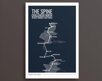 Mapa Spine Race Challenger North, wydruk artystyczny: minimalistyczny projekt Pennine Way