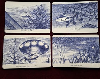 UFO Sighting Ballpoint Drawings - set of 4 blank cards