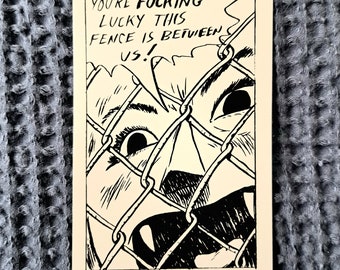Fenced in Fang - 3"×4" bw sticker