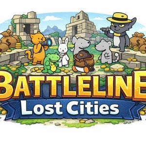 May include: A colorful illustration for "Batteline: Lost Cities" features cartoon animals on a stone structure with gold coins and treasure bags. The title is in large, bold letters with a blue banner below.