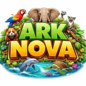 Puede incluir: Ilustración colorida con el texto "ARK NOVA" en verde y dorado. Varios animales, incluyendo un loro, un elefante, un oso, un delfín, un lémur y una tortuga, rodean el texto. La imagen tiene un estilo vibrante y de dibujos animados.