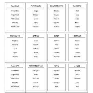 Può includere: Un tabellone di gioco con parole spagnole raggruppate sotto titoli come "Navidad" e "Pictionary". Ogni sezione contiene un elenco di parole correlate, come "Diciembre" e "Juego". Il tabellone è progettato per scopi educativi o ricreativi.