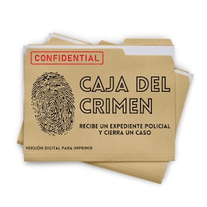 Puede incluir: Una carpeta de archivo marrón con el texto "CONFIDENTIAL" en rojo, "CAJA DEL CRIMEN" en negro y "RECIBE UN EXPEDIENTE POLICIAL Y CIERRA UN CASO" en negro. La carpeta también tiene un gráfico de huella digital y el texto "VERSIÓN DIGITAL PARA IMPRIMIR" en negro.