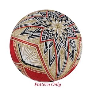 May include: A red, white, and gold Japanese hand-sewn ball with a geometric pattern. The ball is called a "Temari" and is a traditional Japanese craft.