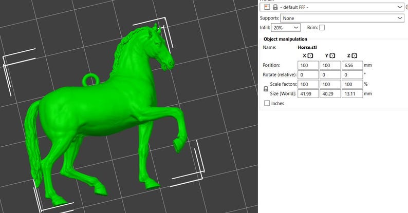 May include: A green plastic horse figurine, approximately 4.2 inches long, 4 inches wide, and 1.3 inches tall. The horse is standing on all four legs with its head held high. It has a small loop on its back, suggesting it may be a charm or ornament.