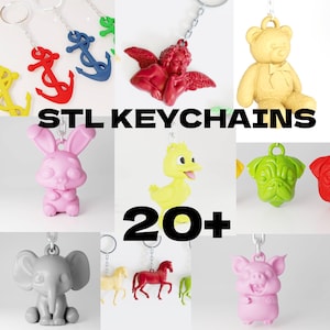 Pode incluir: Uma coleção de chaveiros coloridos com vários designs, incluindo uma âncora, um anjo, um urso de pelúcia, um coelho, um pato, um pug, um elefante, um cavalo e um porco. O texto "STL KEYCHAINS" e "20+" é exibido na imagem.