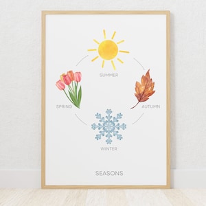 Póster de estaciones, aula, educación en el hogar, aprendizaje, clima, estaciones, temperatura, arte mural educativo, descarga digital