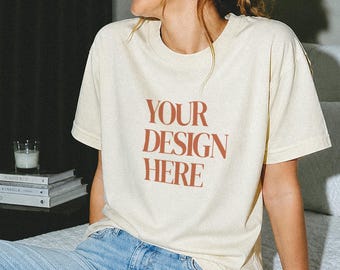 Gildan 5000 Natural T-Shirt Mockup | Cozy Lifestyle Flash Photography PSD + JPG (Digital Download)