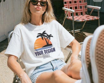 Oversized White Gildan 5000 T-Shirt Mockup | Sunlit Retro Lifestyle PSD + JPG (Digital Download)