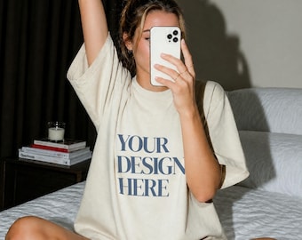 Gildan 5000 Natural Shirt Mockup PSD + JPG | Oversized Tee Flash Selfie (Digital Download)