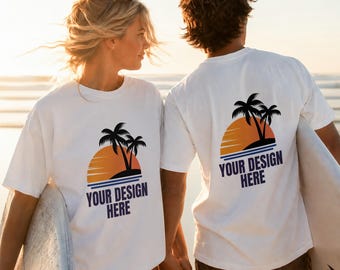 Maqueta Couple Comfort Colors 1717 / Camiseta frontal y trasera PSD + JPG / Estilo de vida playero y surfista (Descarga digital)