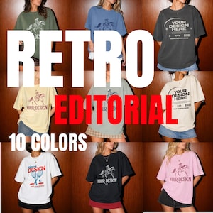 May include: A collection of nine short-sleeved crew neck t-shirts in various colors including olive, blue, charcoal, cream, white, and pink. The shirts feature graphic prints of cowboys, tennis rackets, and text placeholders reading YOUR DESIGN.