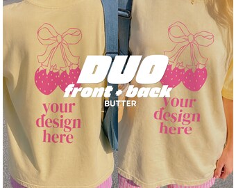 Maqueta doble de la parte delantera y trasera de Comfort Colors 1717 Butter / Camiseta extragrande Lifestyle PSD + JPG (Descarga digital)