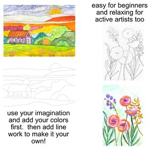 May include: A collection of watercolor art pieces. One shows a colorful landscape with a house and sunset. Another is a line drawing of flowers. The text says, "easy for beginners and relaxing for active artists too."