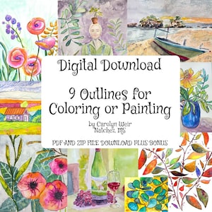 Puede incluir: Una descarga digital con nueve contornos de pintura de acuarela. La obra de arte incluye arreglos florales, paisajes y naturalezas muertas. El texto de la imagen dice "Digital Download 9 Outlines for Coloring or Painting by Carolyn Weir Natchez, MS."